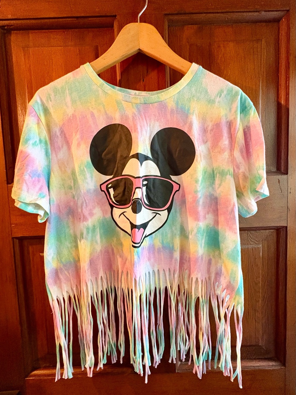 Disney Pastel Tie-Dye Fringe Mickey Crop Top - Black & Pink Graphic